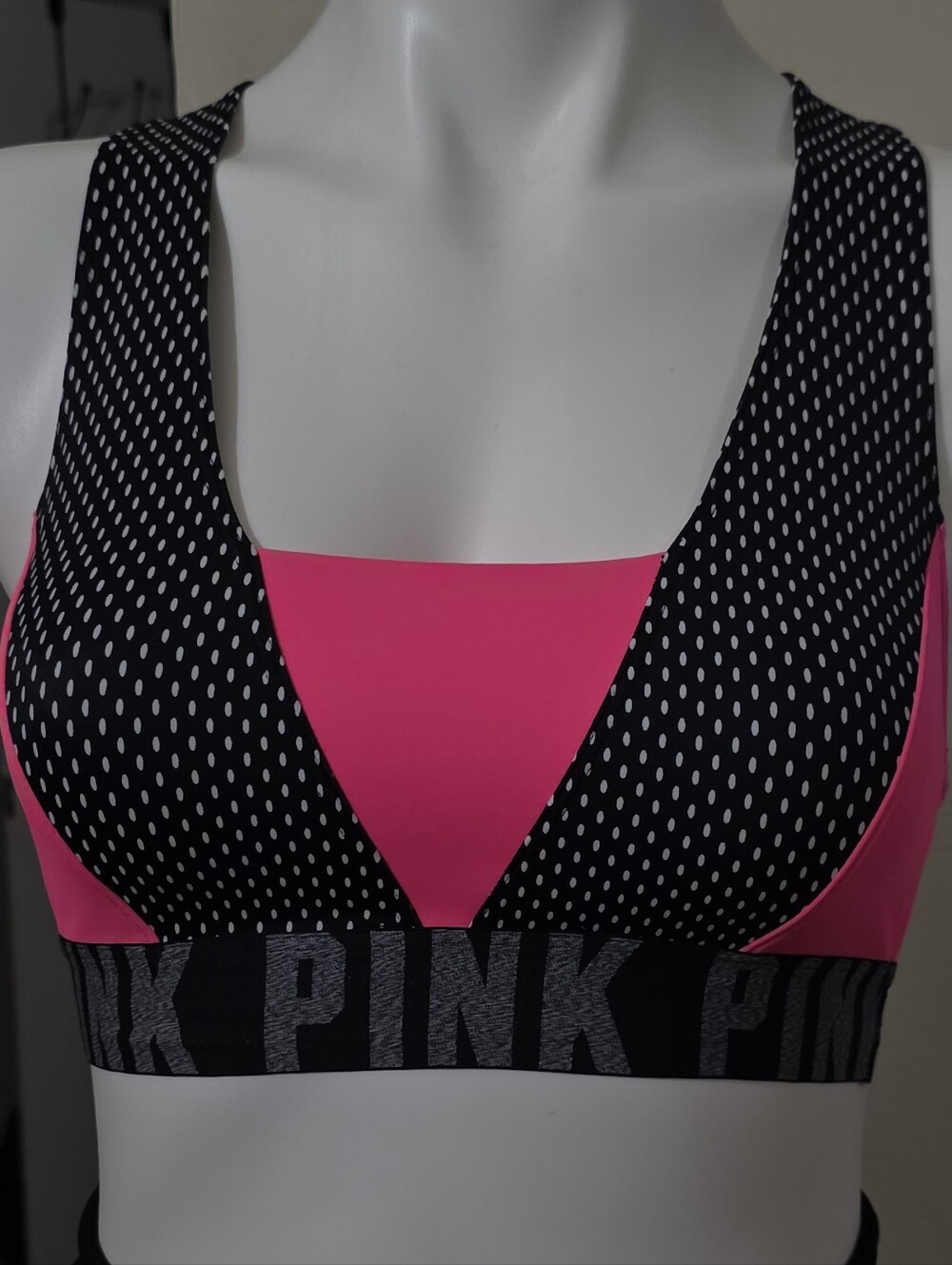 PINK Victoria's Secret Black Polka Dot & Hot Pink Plunge Sports Bra